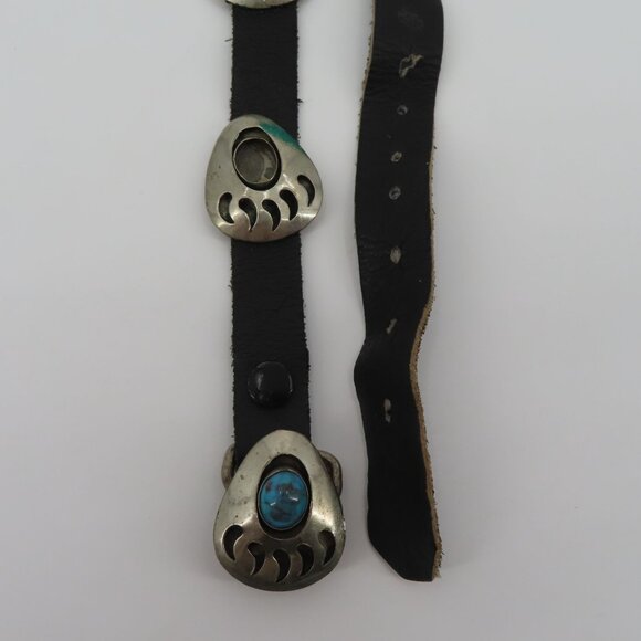 VTG Navajo Bear Paw Shadow Box Concho Belt 60in Long Silver Metal Black Leather